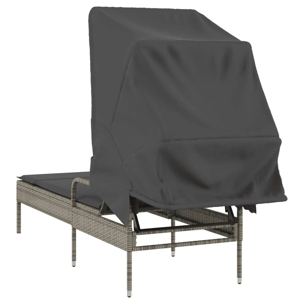 Sun Lounger PE Rattan Adjustable Backrest Grey Outdoor Reclining with Retractable Canopy