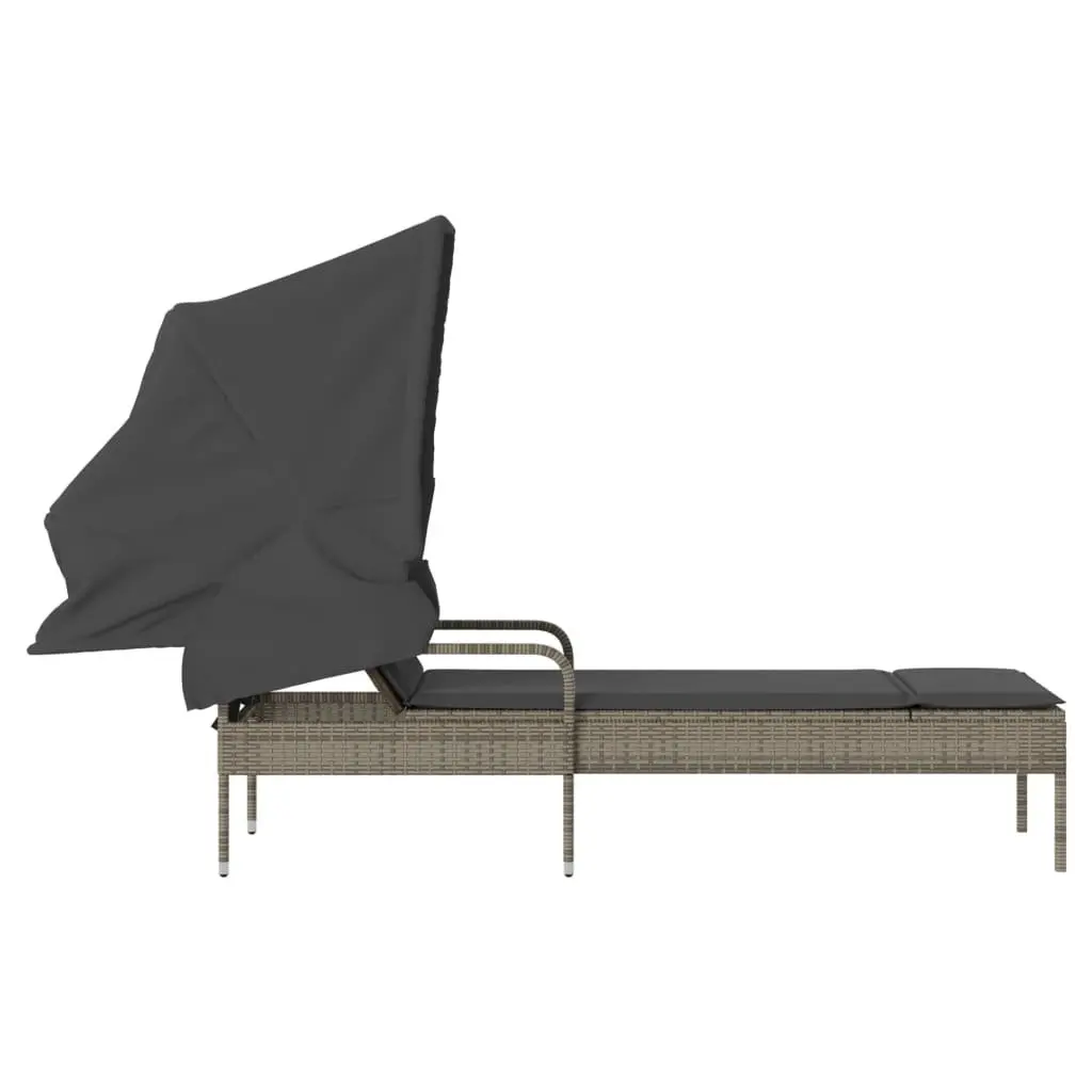 Sun Lounger PE Rattan Adjustable Backrest Grey Outdoor Reclining with Retractable Canopy