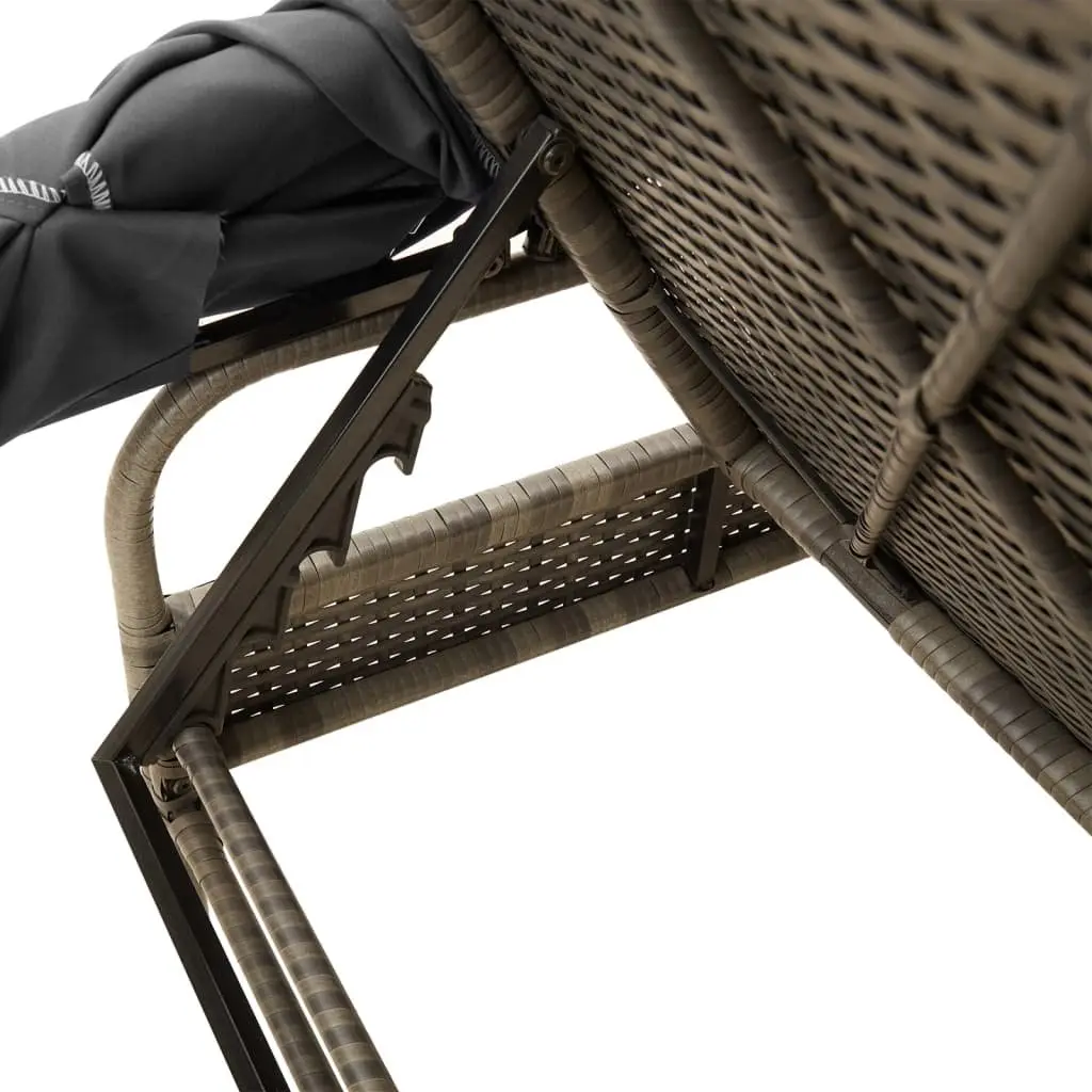 Sun Lounger PE Rattan Adjustable Backrest Grey Outdoor Reclining with Retractable Canopy