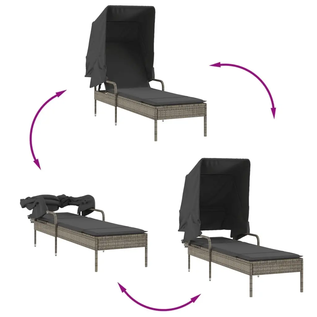 Sun Lounger PE Rattan Adjustable Backrest Grey Outdoor Reclining with Retractable Canopy
