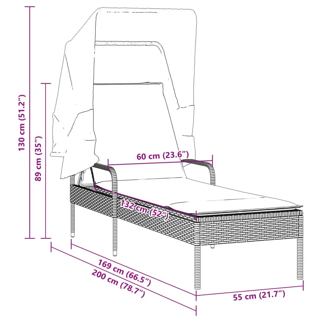 Sun Lounger PE Rattan Adjustable Backrest Grey Outdoor Reclining with Retractable Canopy