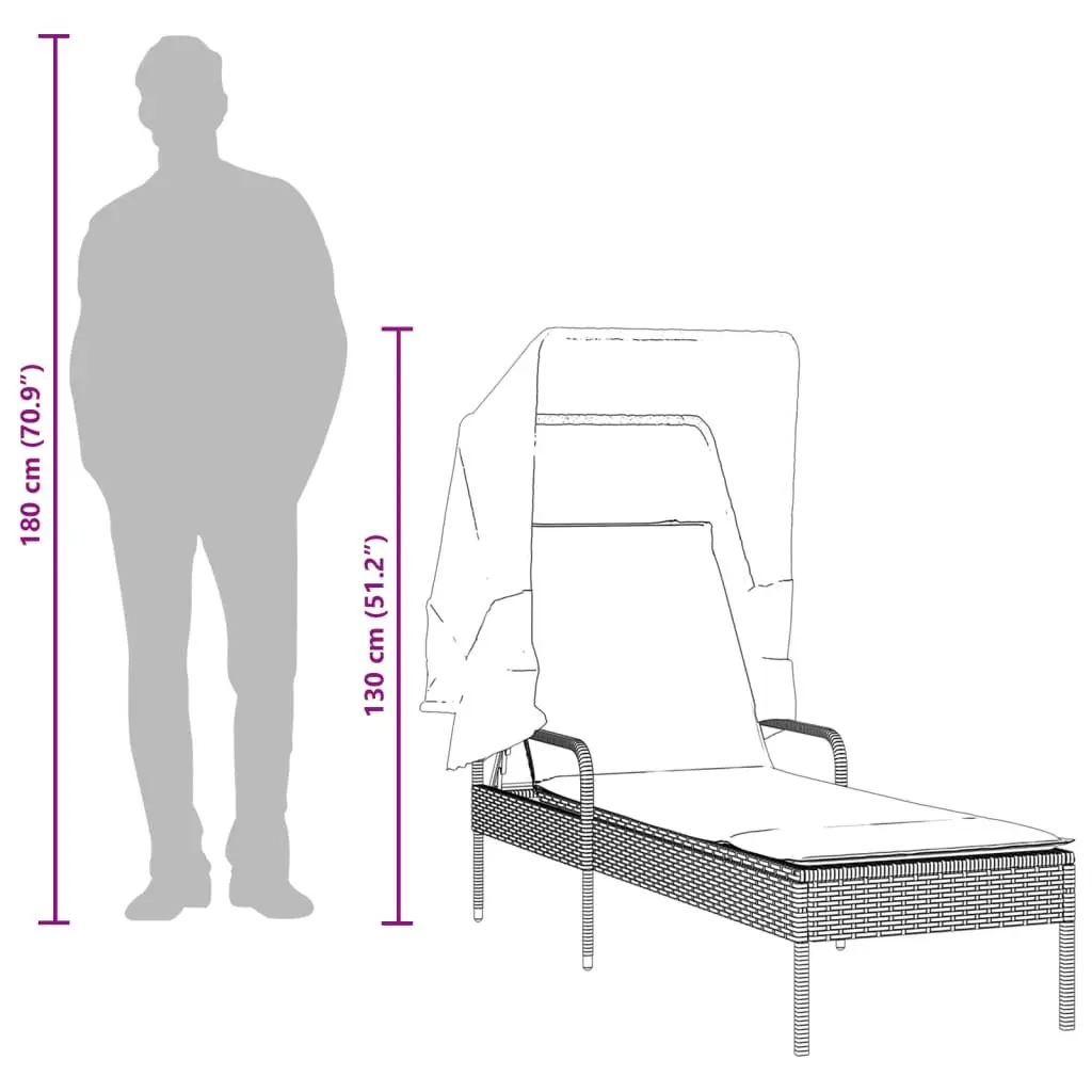 Sun Lounger PE Rattan Adjustable Backrest Grey Outdoor Reclining with Retractable Canopy