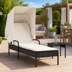 Sun Lounger with Canopy and Tea Table Adjustable Backrest Outdoor Seating Black