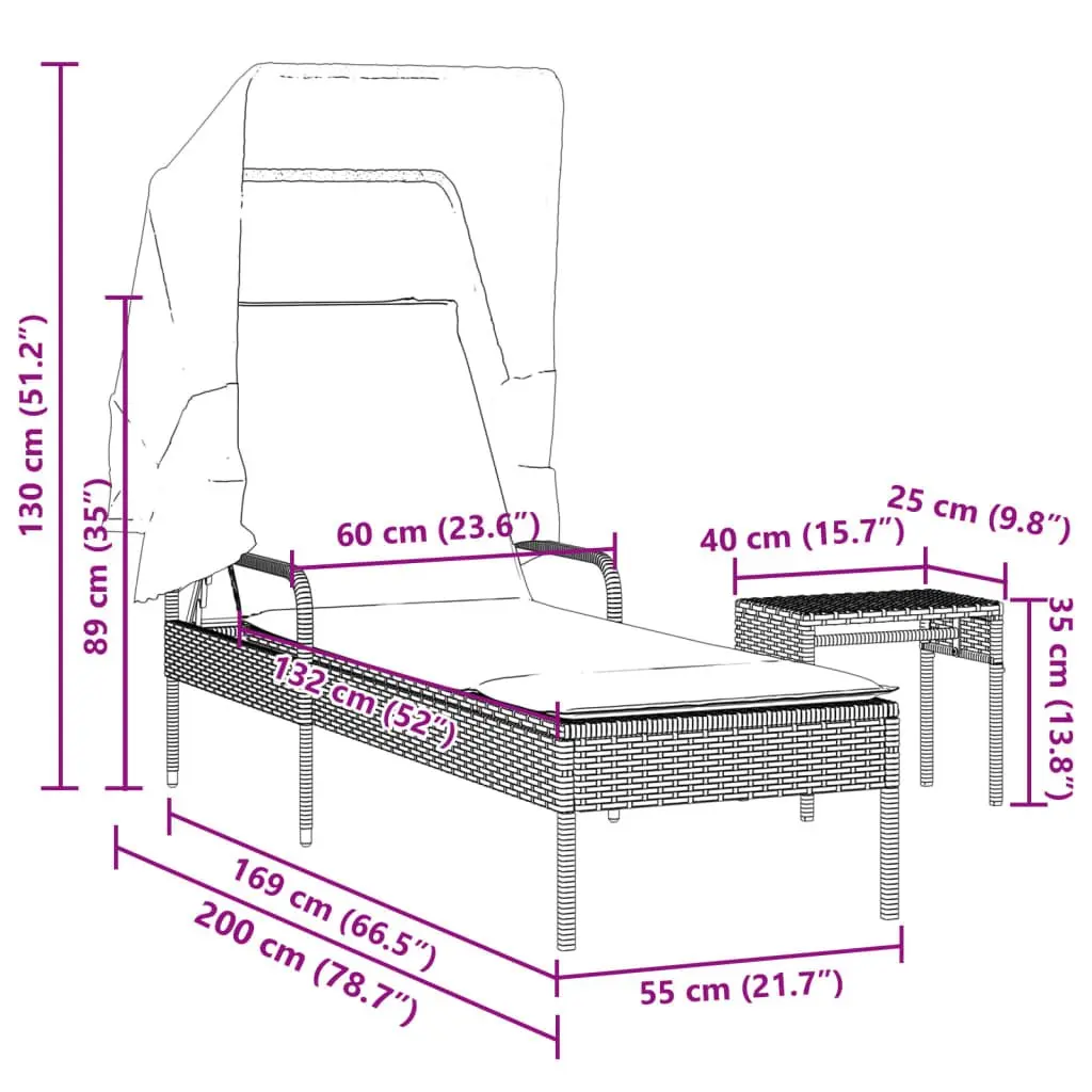 Sun Lounger with Canopy and Tea Table Adjustable Backrest Outdoor Seating Black