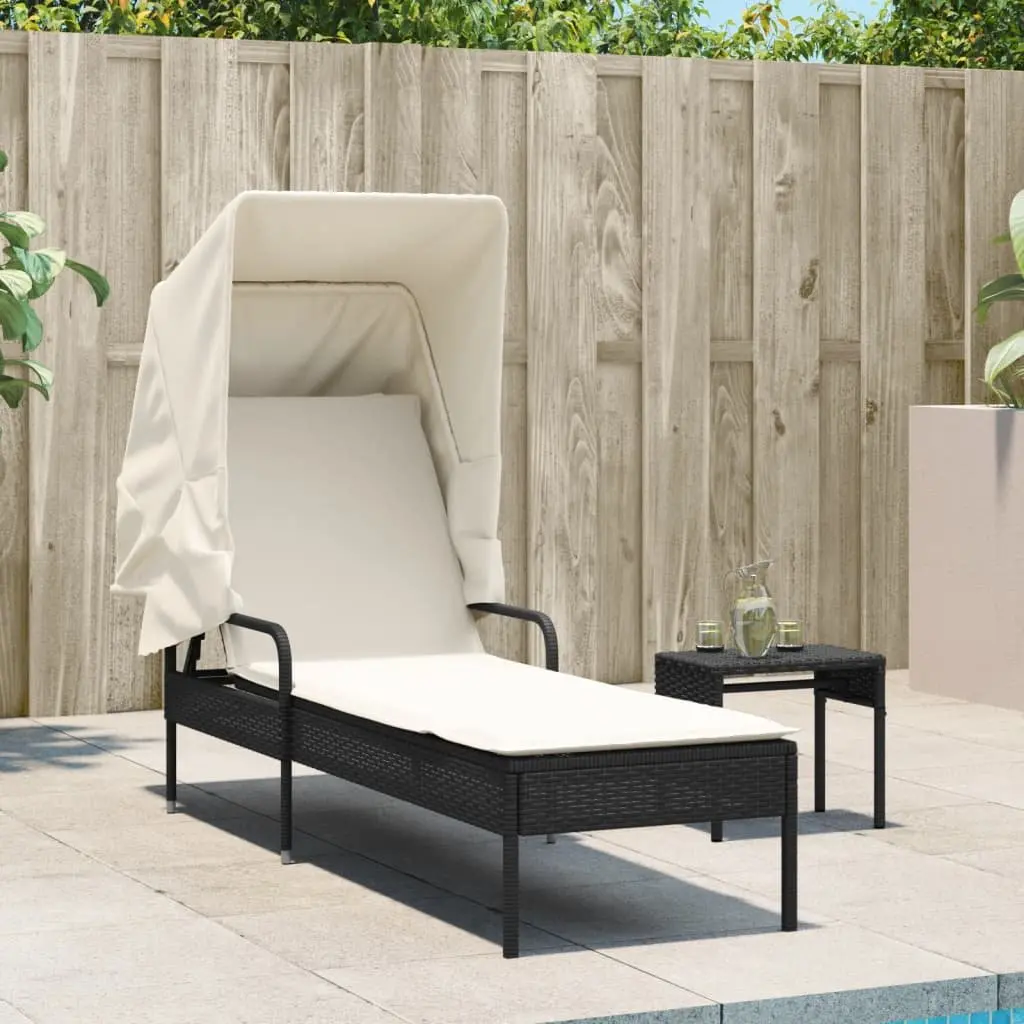 Sun Lounger with Canopy and Tea Table Adjustable Backrest Outdoor Seating Black
