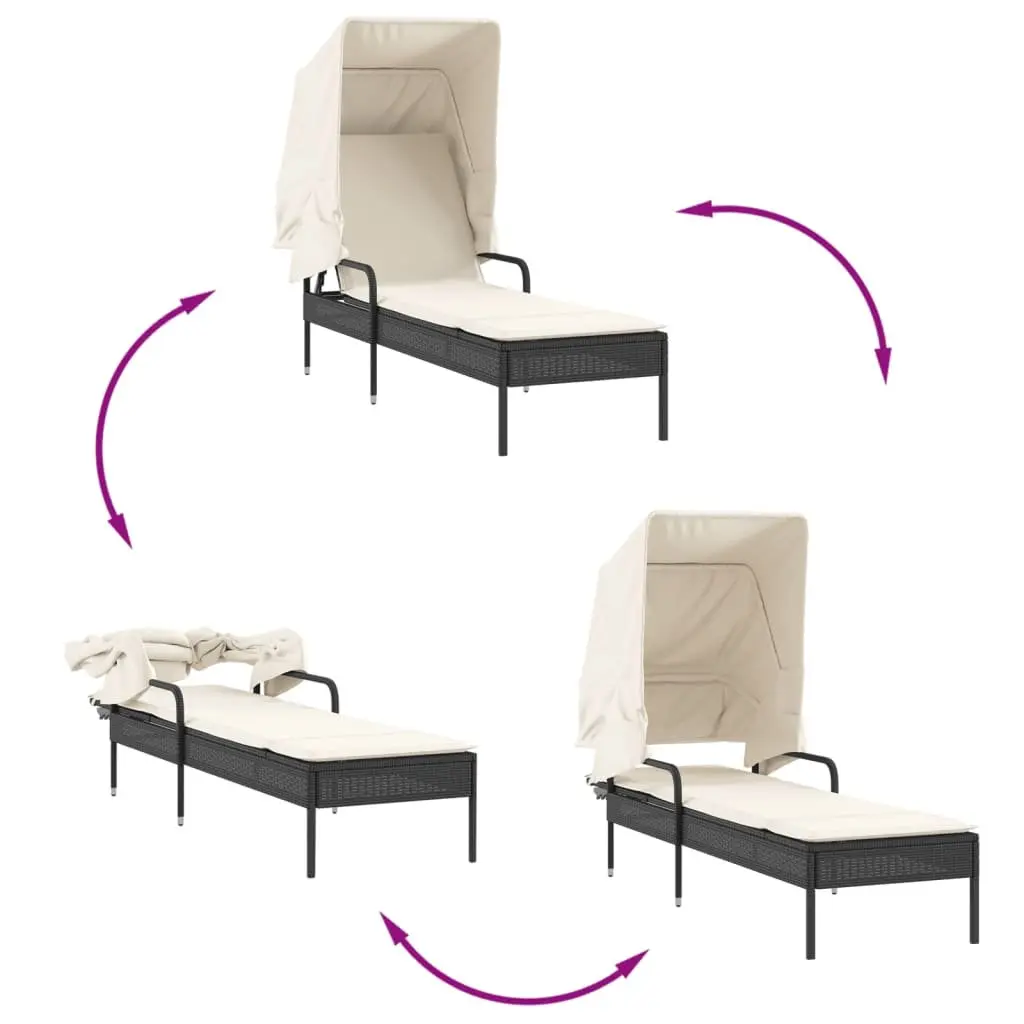 Sun Lounger with Canopy and Tea Table Adjustable Backrest Outdoor Seating Black