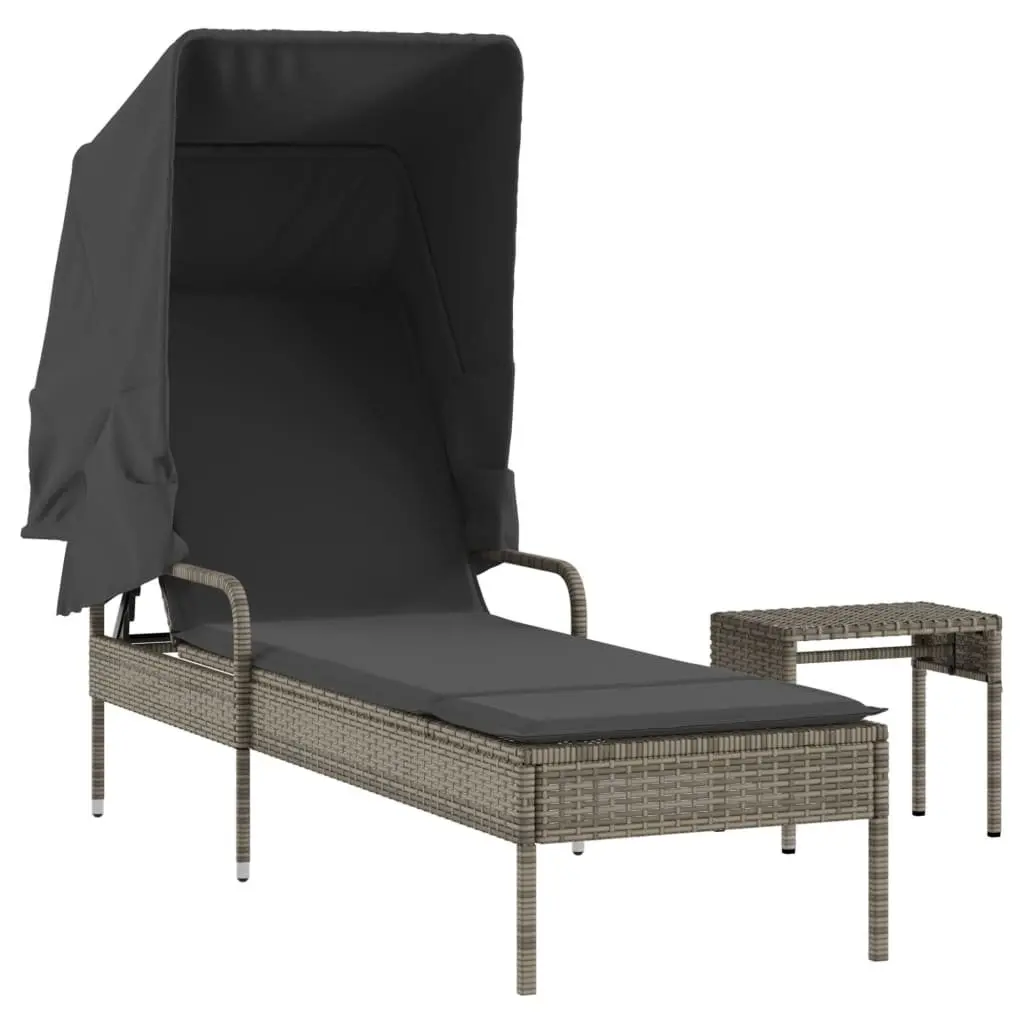 Sun Lounger PE Rattan Adjustable Backrest Grey with Canopy and Tea Table Outdoor