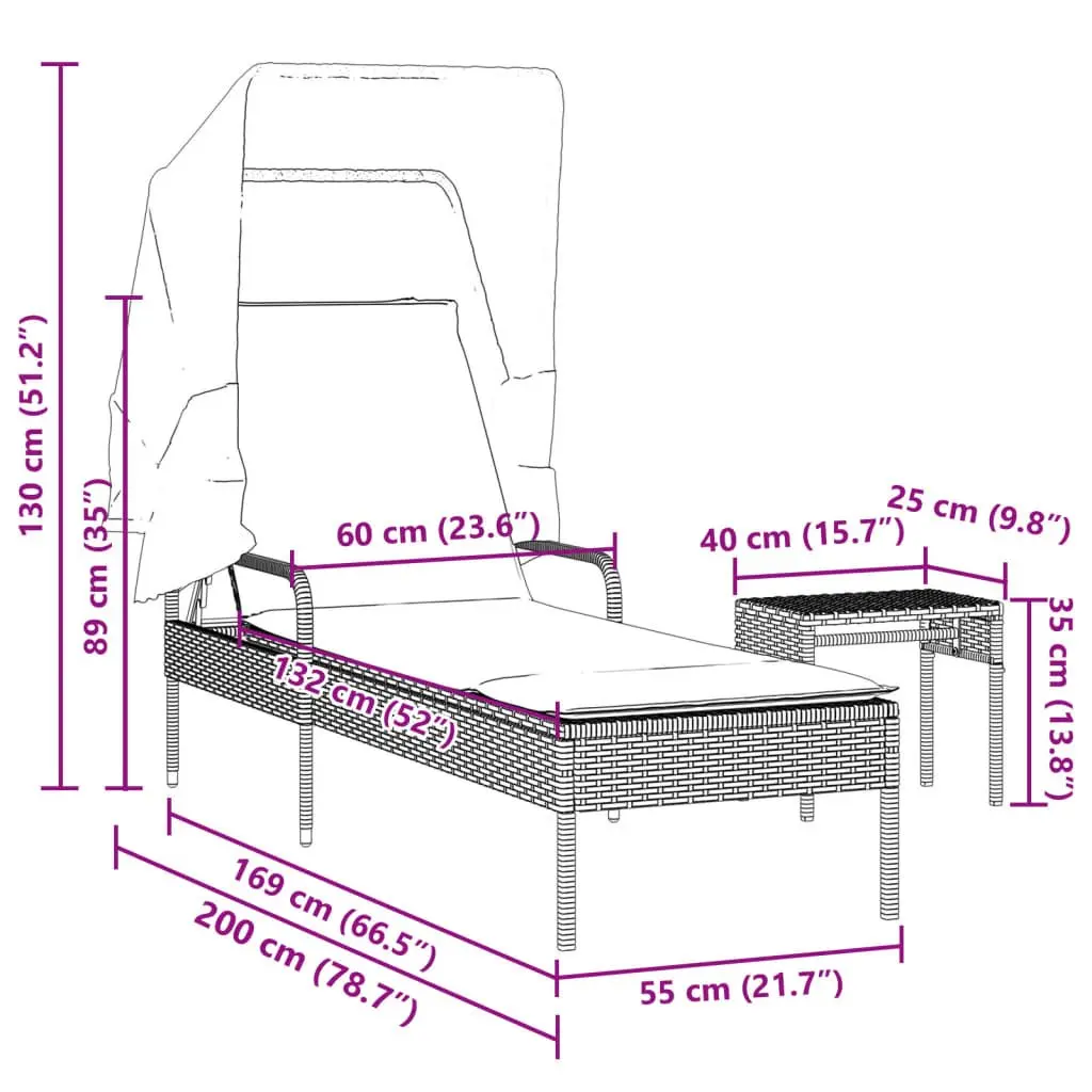 Sun Lounger PE Rattan Adjustable Backrest Grey with Canopy and Tea Table Outdoor