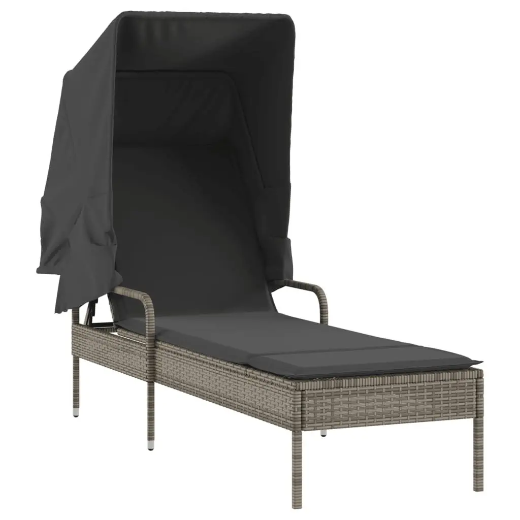 Sun Lounger PE Rattan Adjustable Backrest Grey with Canopy and Tea Table Outdoor