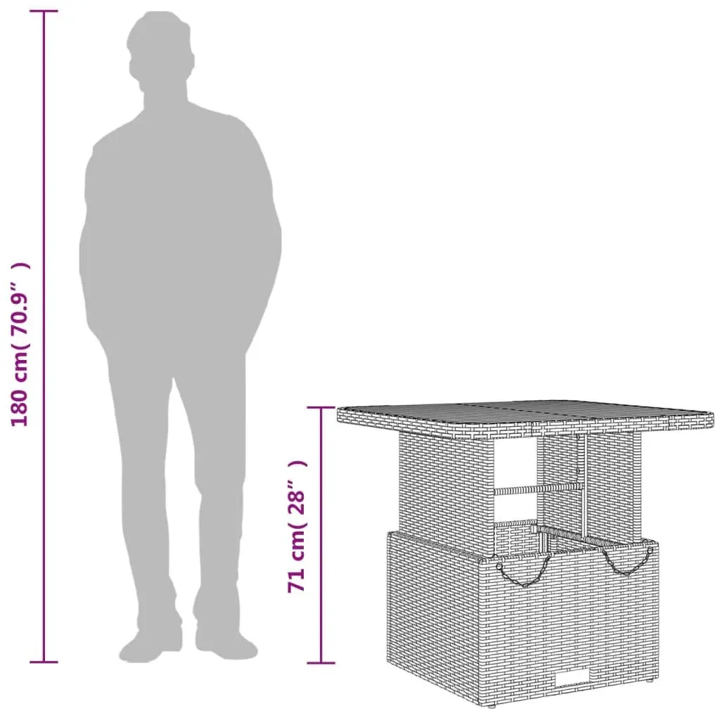 Outdoor Garden Table Grey Poly Rattan Acacia Wood Top Adjustable Height 80x80x71cm