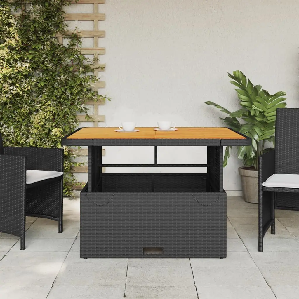 Garden Table Black 110x110x71 cm Outdoor Furniture Poly Rattan Acacia Wood Top