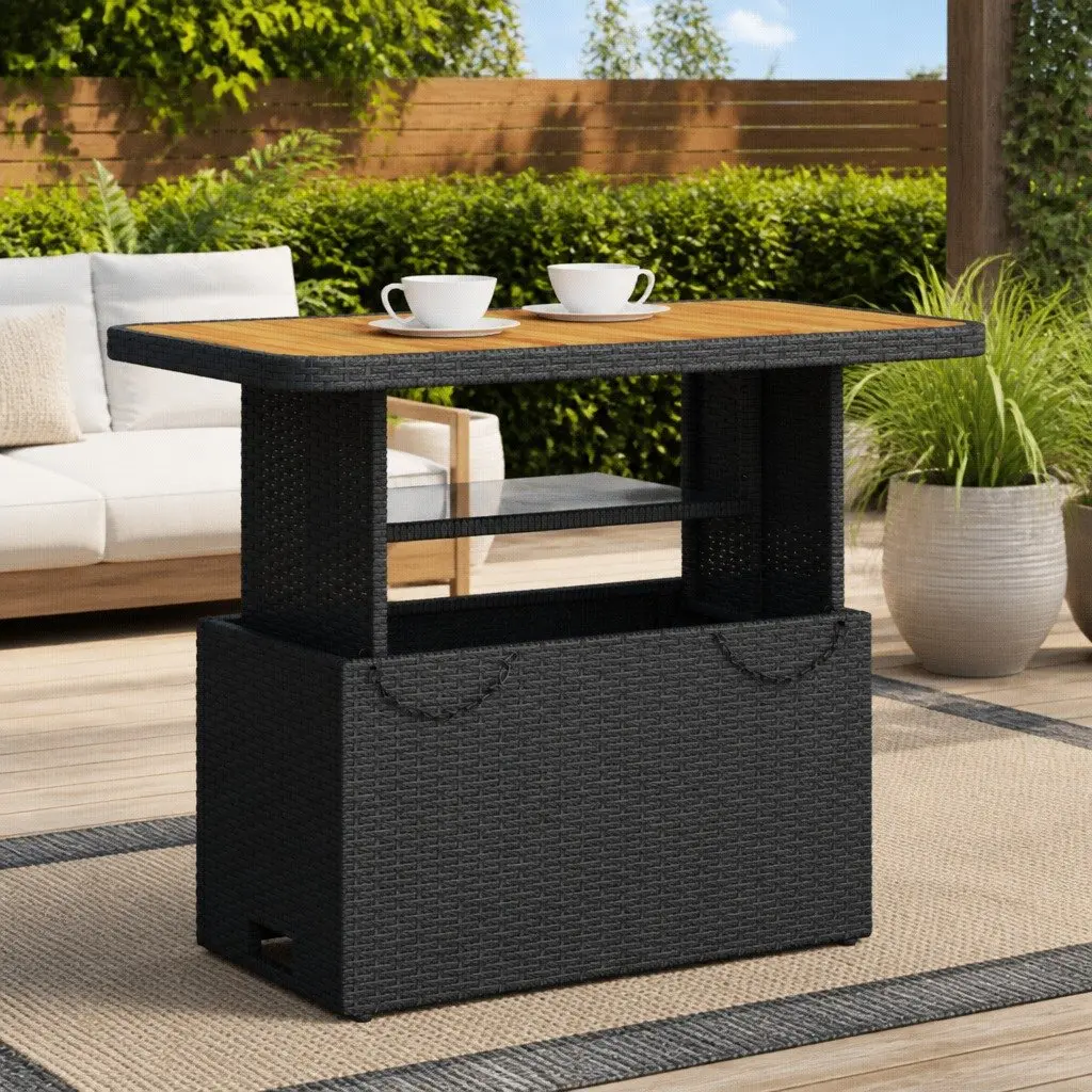 Garden Table PE Rattan Acacia Wood 90x55x71cm Black Outdoor Furniture