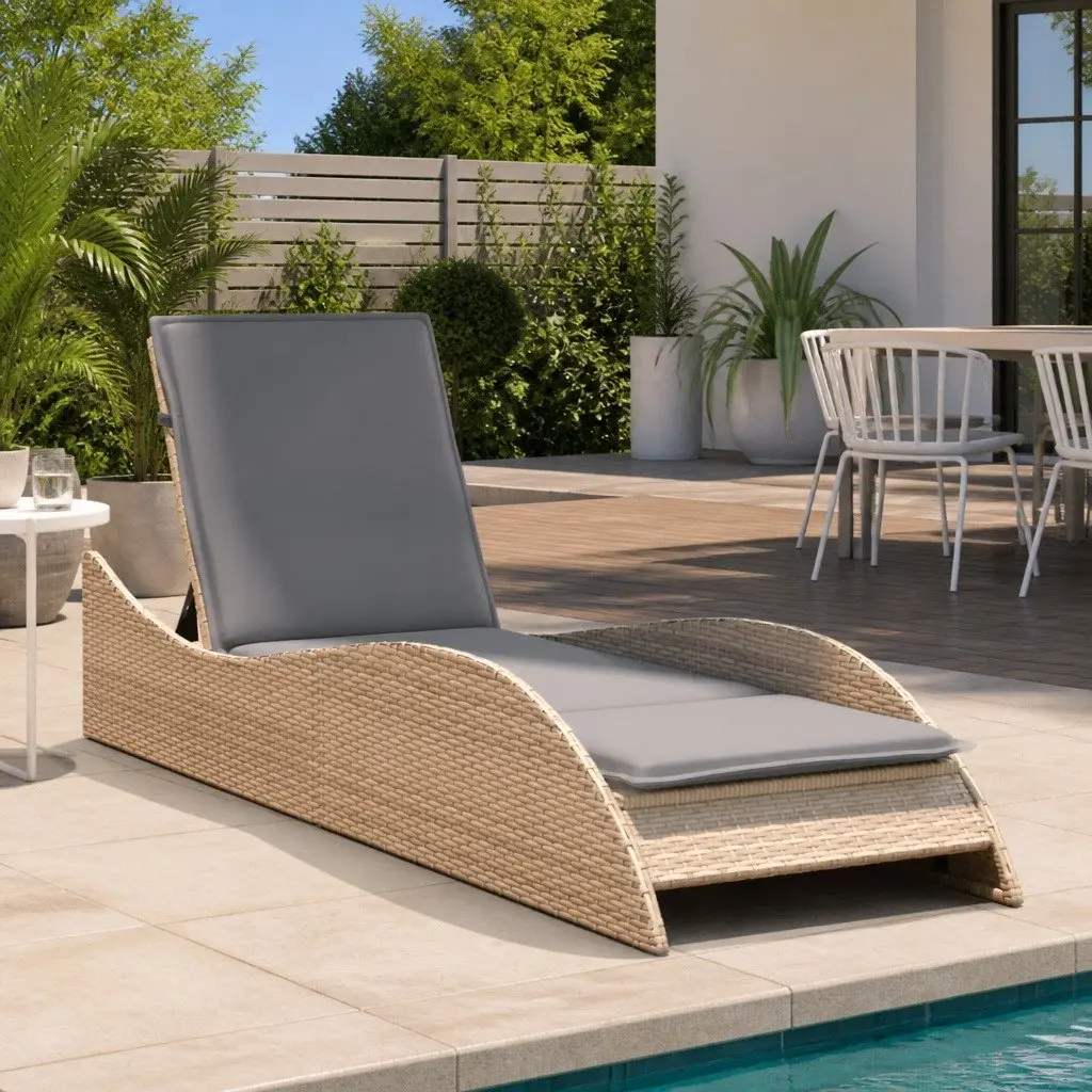 Sun Lounger with Cushion Beige Adjustable Backrest Outdoor Garden Furniture