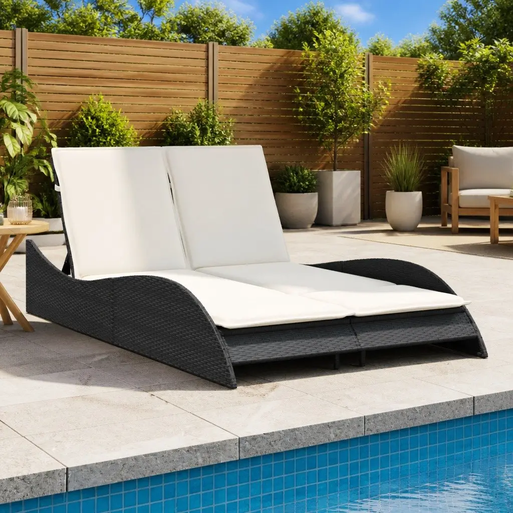 Adjustable Sun Lounger Outdoor Reclining Chair Black PE Rattan Frame with Cushions