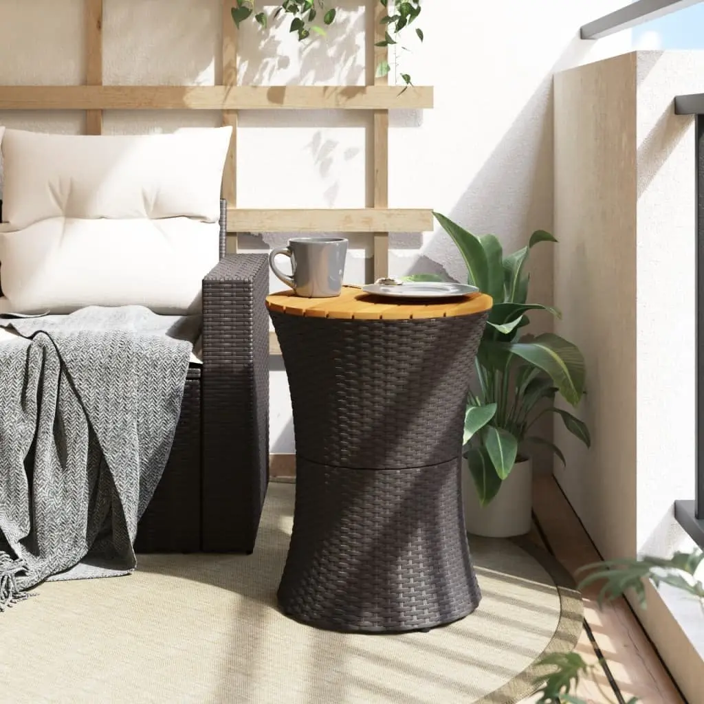Garden Side Table Drum Shape Black Poly Rattan Acacia Wood Outdoor Furniture