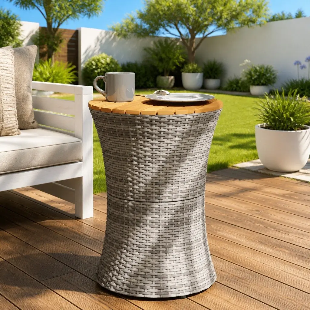 Drum Shape Garden Side Table Grey Acacia Wood Top Weather Resistant Rattan Frame Outdoor Furniture