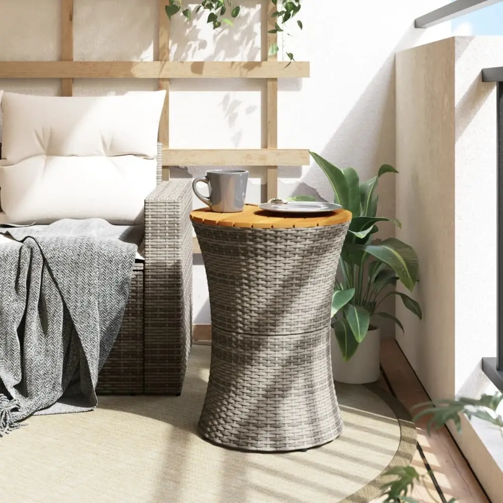 Drum Shape Garden Side Table Grey Acacia Wood Top Weather Resistant Rattan Frame Outdoor Furniture