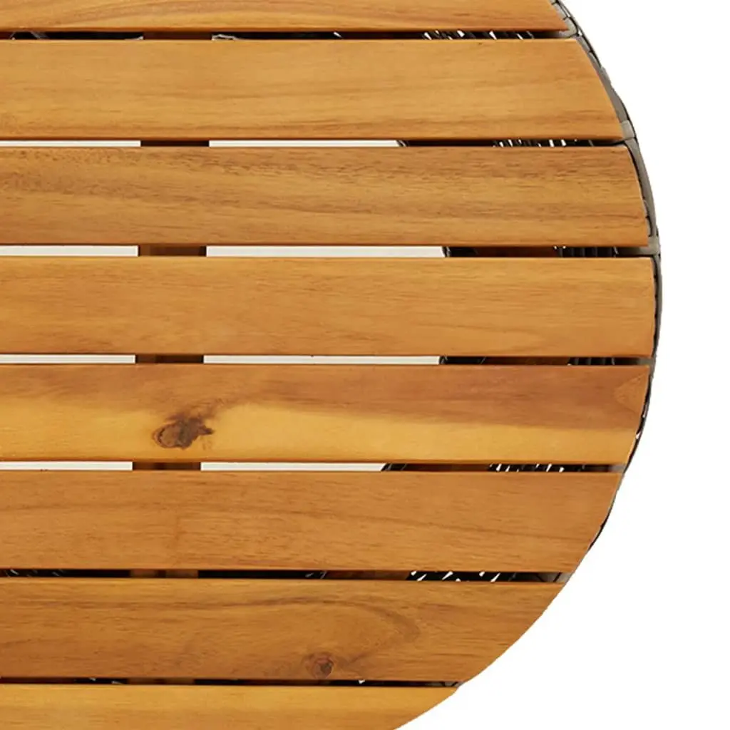 Drum Shape Garden Side Table Grey Acacia Wood Top Weather Resistant Rattan Frame Outdoor Furniture