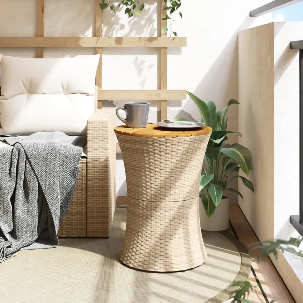 Garden Side Table Drum Shape PE Rattan Acacia Wood Beige