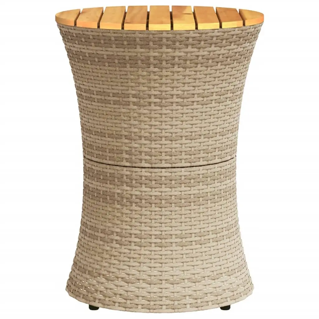 Garden Side Table Drum Shape PE Rattan Acacia Wood Beige