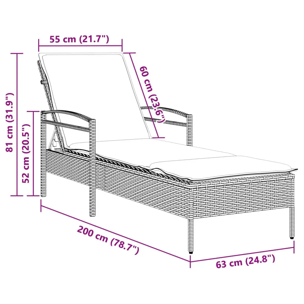 Sun Lounger PE Rattan Adjustable Backrest Grey Outdoor Furniture
