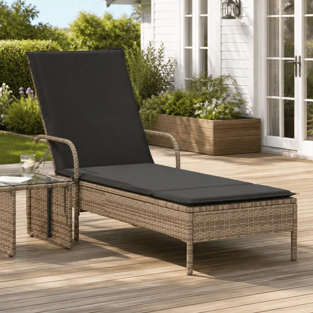 Sun Lounger PE Rattan Adjustable Backrest Grey Outdoor Reclining Lounger with Wheels