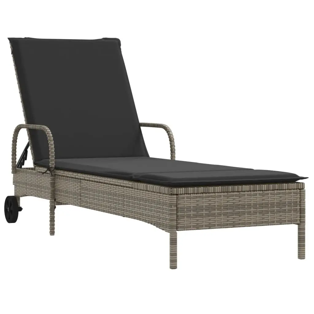 Sun Lounger PE Rattan Adjustable Backrest Grey Outdoor Reclining Lounger with Wheels