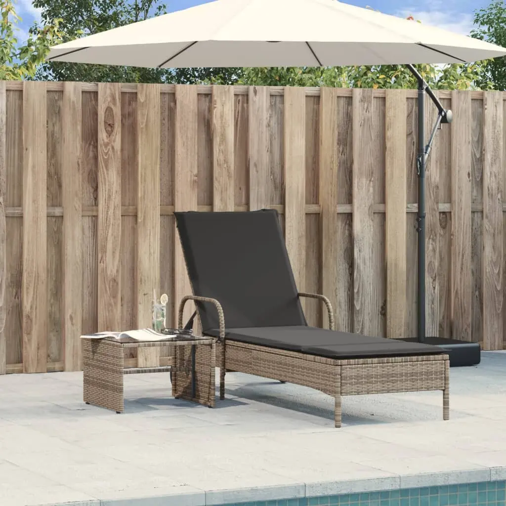Sun Lounger PE Rattan Adjustable Backrest Grey Outdoor Reclining Lounger with Wheels