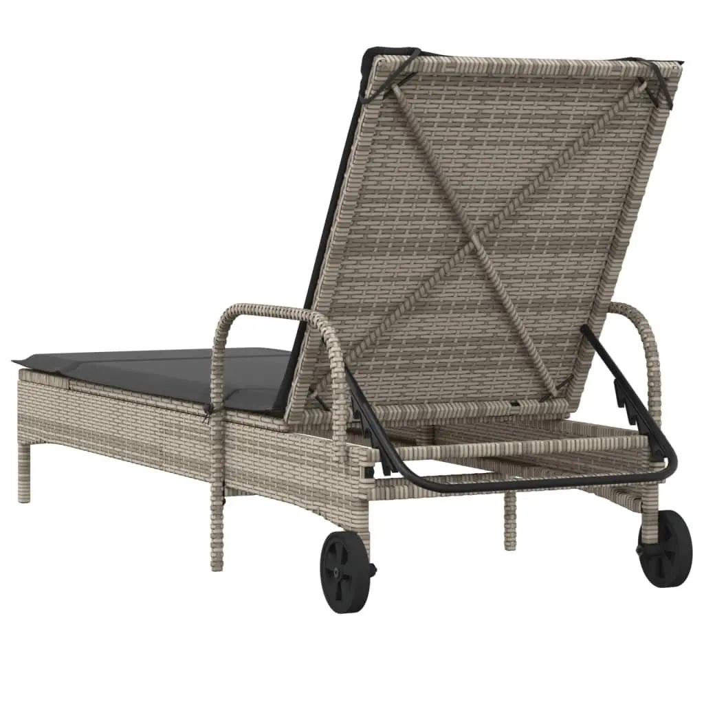 Sun Lounger PE Rattan Adjustable Backrest Grey Outdoor Reclining Lounger with Wheels