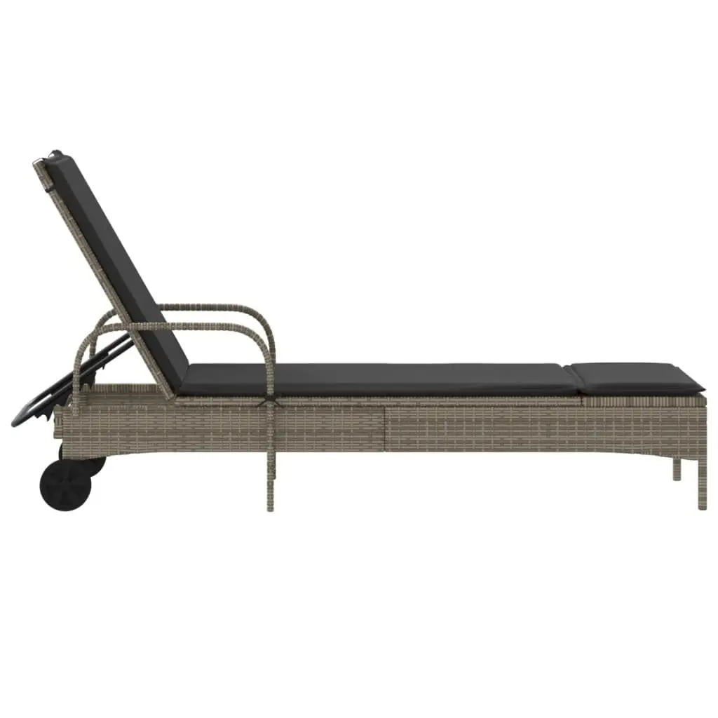 Sun Lounger PE Rattan Adjustable Backrest Grey Outdoor Reclining Lounger with Wheels