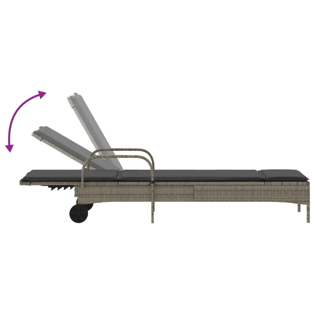 Sun Lounger PE Rattan Adjustable Backrest Grey Outdoor Reclining Lounger with Wheels