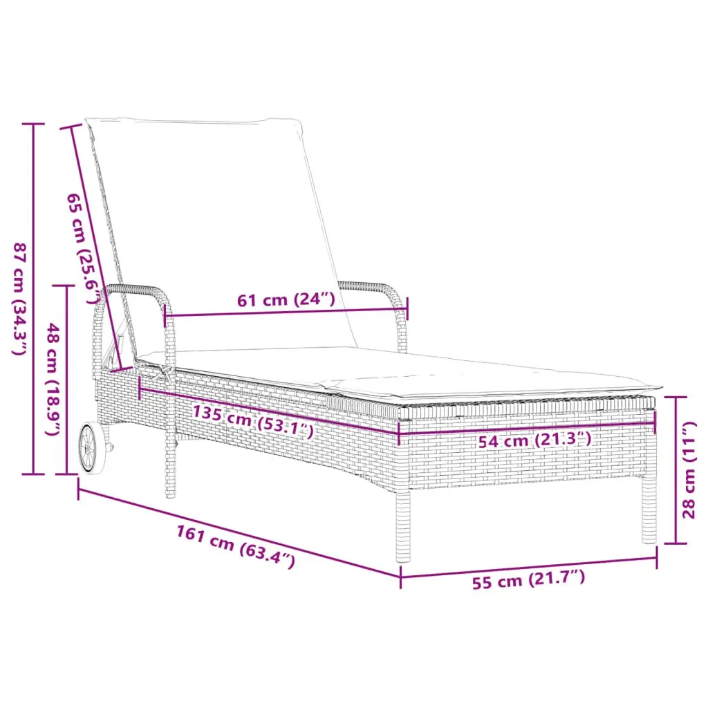 Sun Lounger PE Rattan Adjustable Backrest Grey Outdoor Reclining Lounger with Wheels