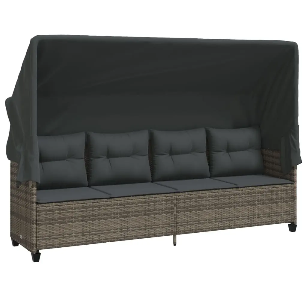 Sun Lounger Poly Rattan Grey with Retractable Canopy and Cushions