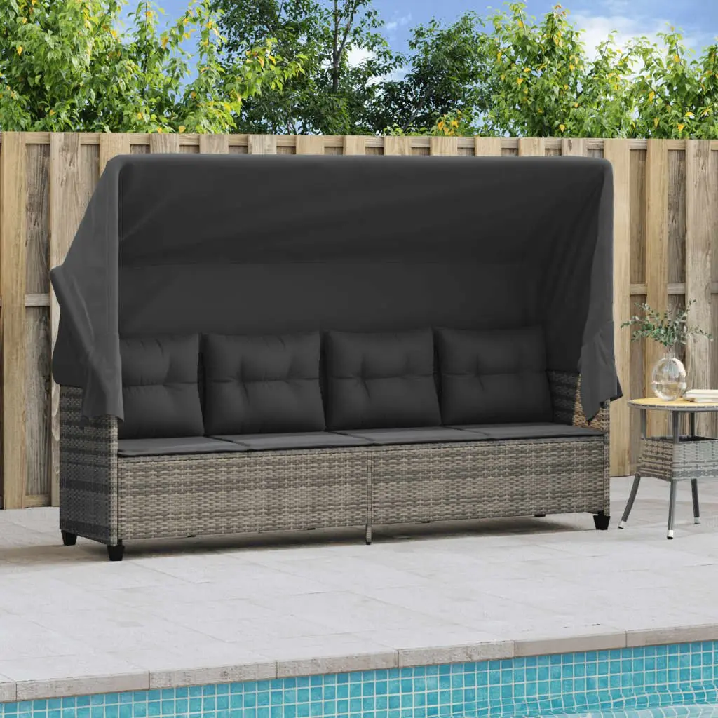 Sun Lounger Poly Rattan Grey with Retractable Canopy and Cushions