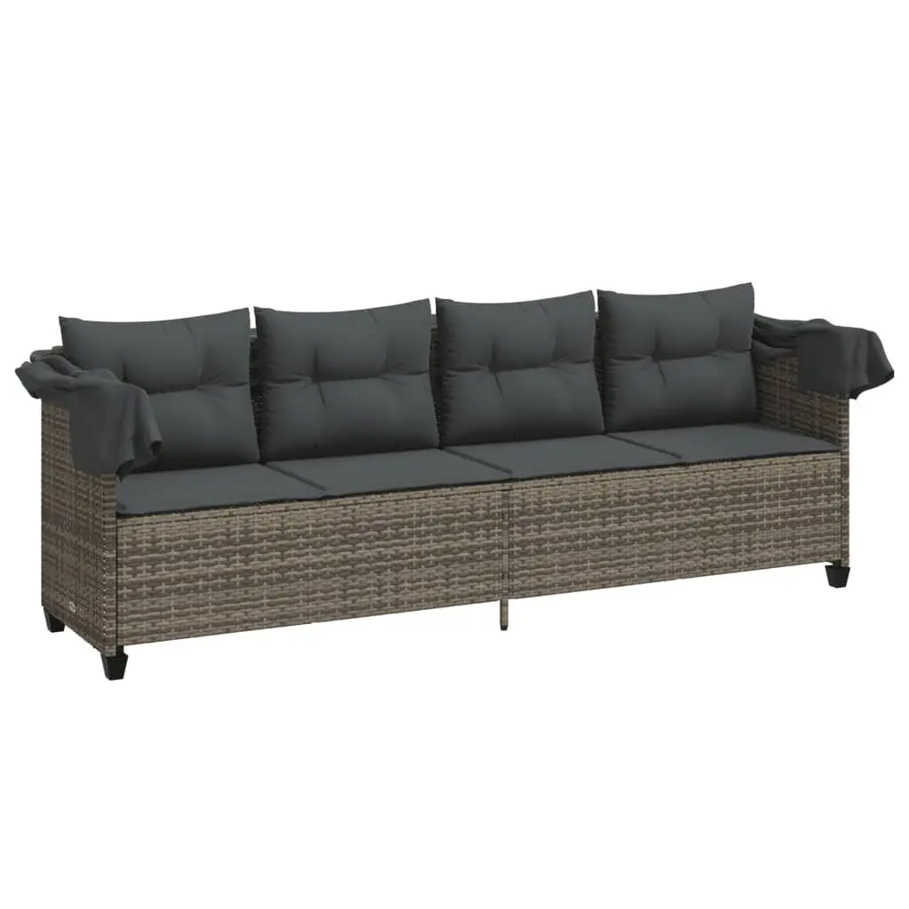 Sun Lounger Poly Rattan Grey with Retractable Canopy and Cushions