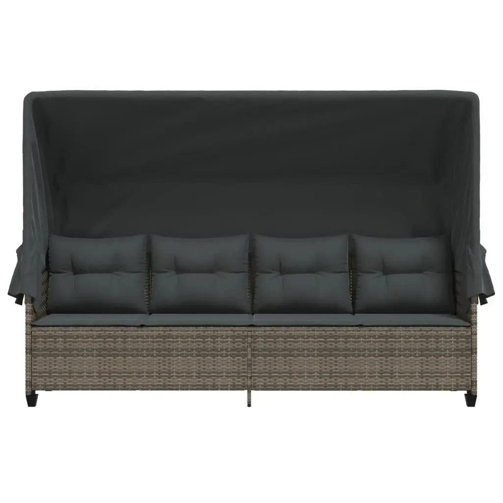Sun Lounger Poly Rattan Grey with Retractable Canopy and Cushions