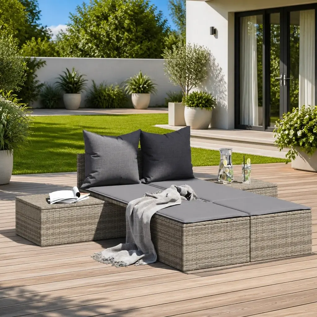Double Sun Lounger PE Rattan Modular Outdoor Garden Furniture Grey