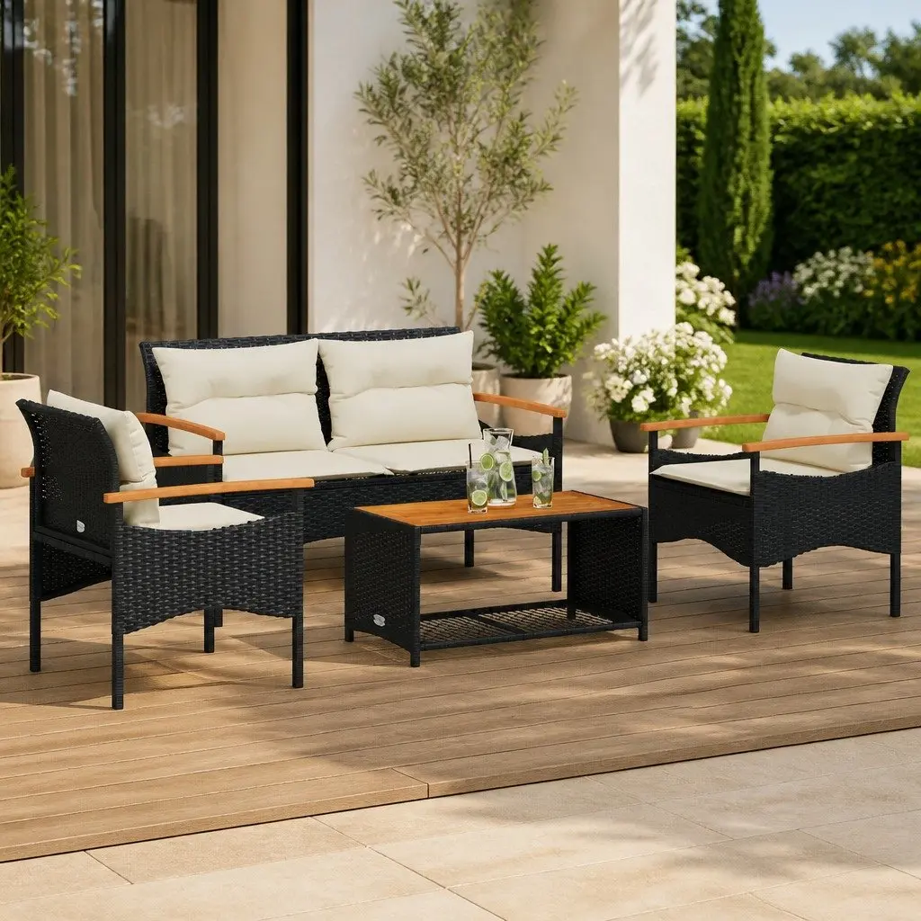 4 Piece Garden Sofa Set PE Rattan Black Outdoor Patio Furniture with Cushions