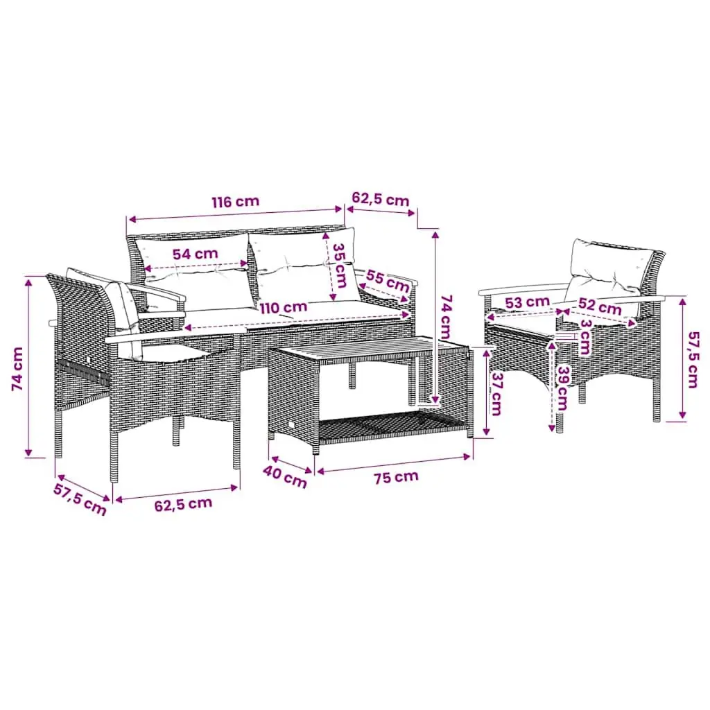 4 Piece Garden Sofa Set PE Rattan Black Outdoor Patio Furniture with Cushions