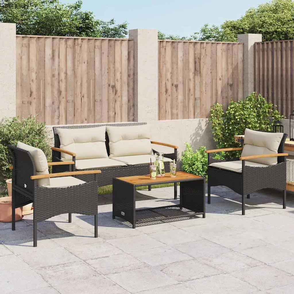 4 Piece Garden Sofa Set PE Rattan Black Outdoor Patio Furniture with Cushions