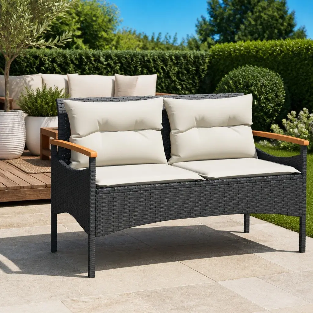 Garden Bench PE Rattan Black Powder-coated Steel with Cushions 116 x 62.5 x 74 cm