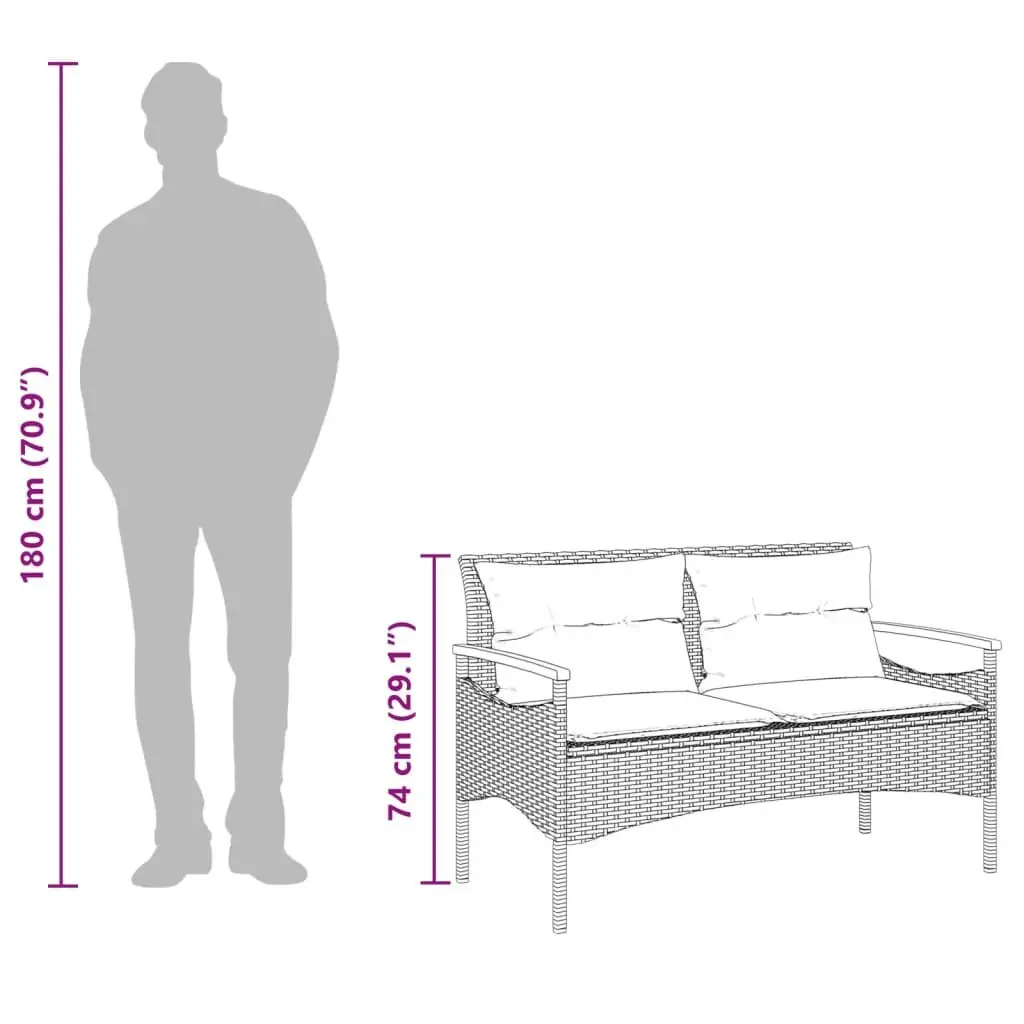 Garden Bench PE Rattan Black Powder-coated Steel with Cushions 116 x 62.5 x 74 cm