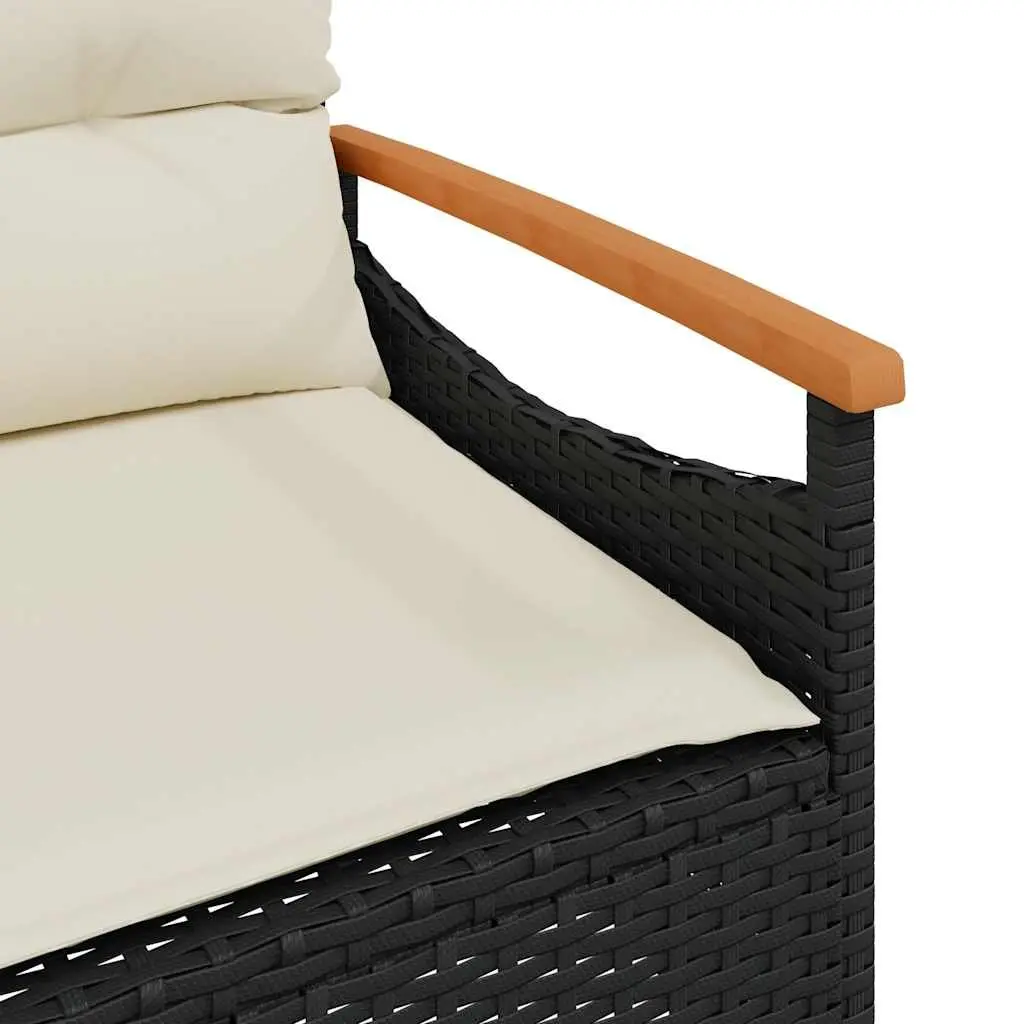 3 Piece Outdoor Garden Sofa Set PE Rattan Black with Cushions Acacia Wood Tabletop