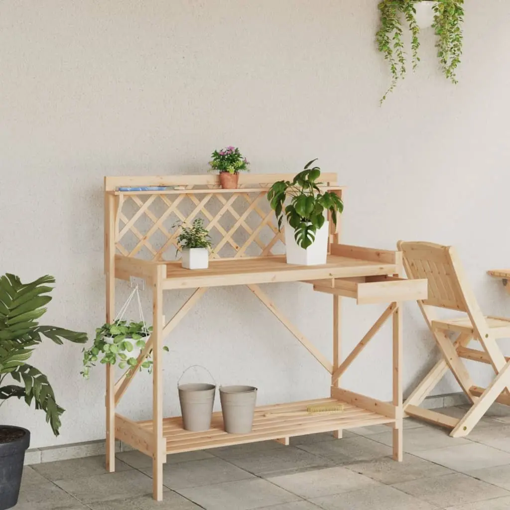 Potting Bench Solid Fir Wood with Trellis Open Shelves Drawer Metal Hooks Brown
