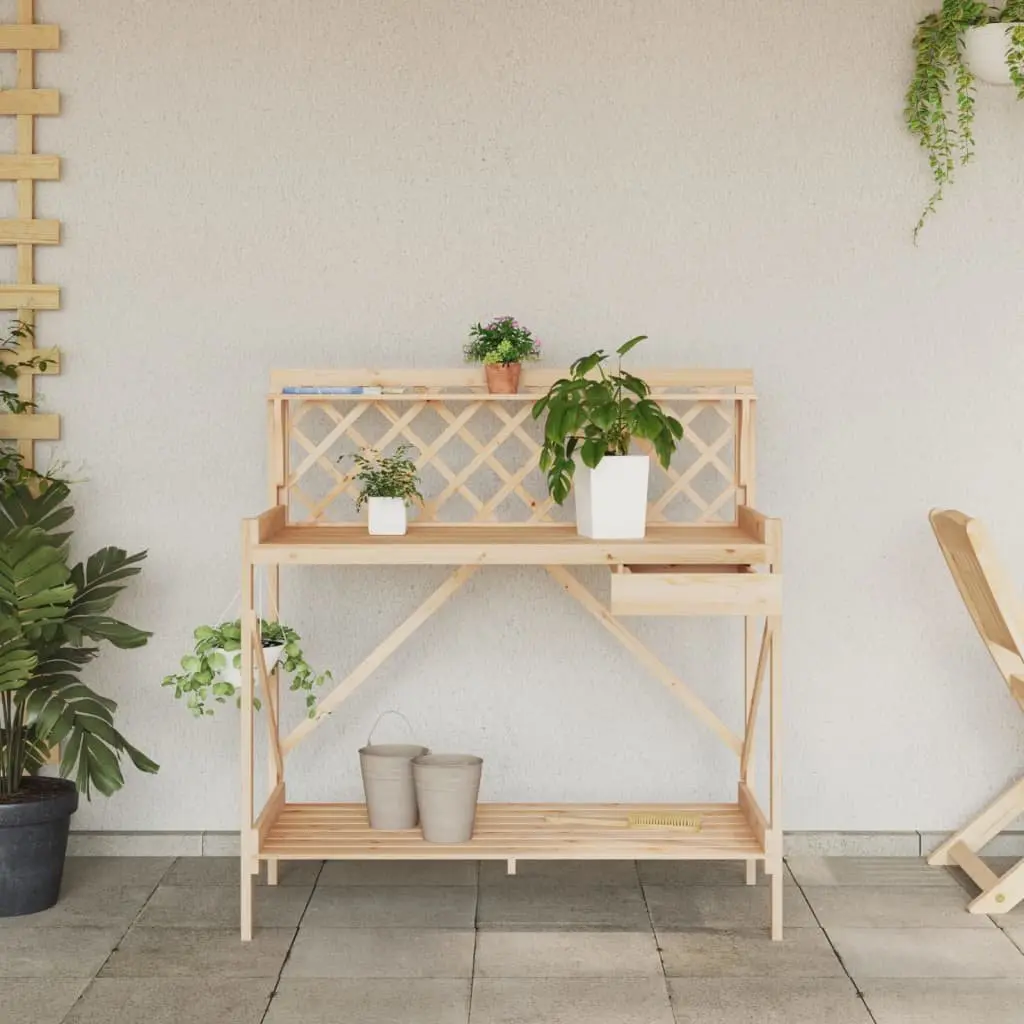 Potting Bench Solid Fir Wood with Trellis Open Shelves Drawer Metal Hooks Brown