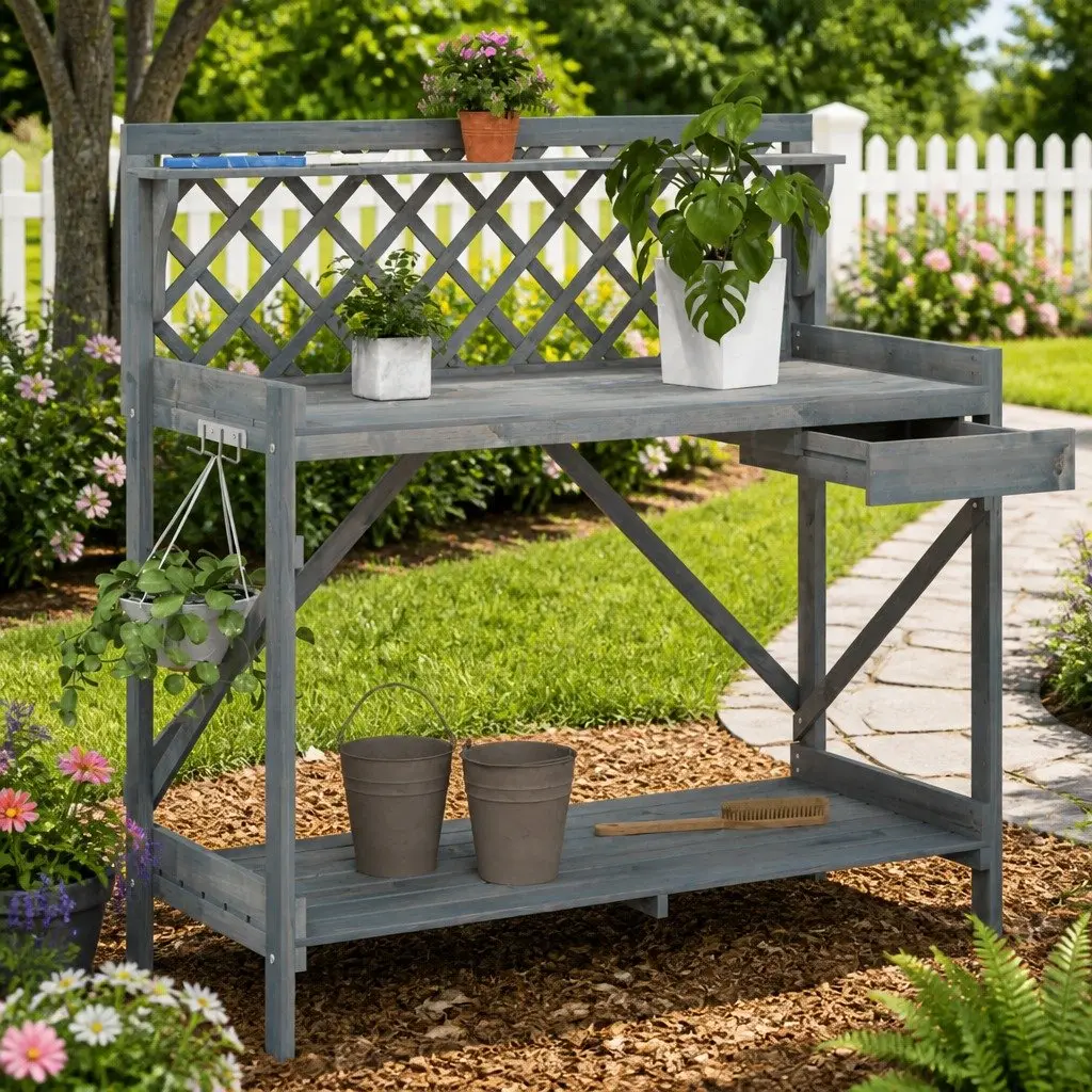 Grey Potting Bench for Gardening Needs