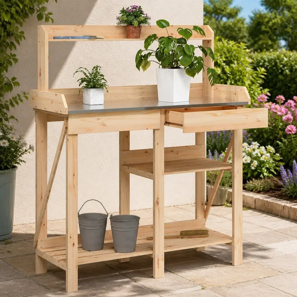 Potting Bench Solid Wood Brown with Shelves and Drawer