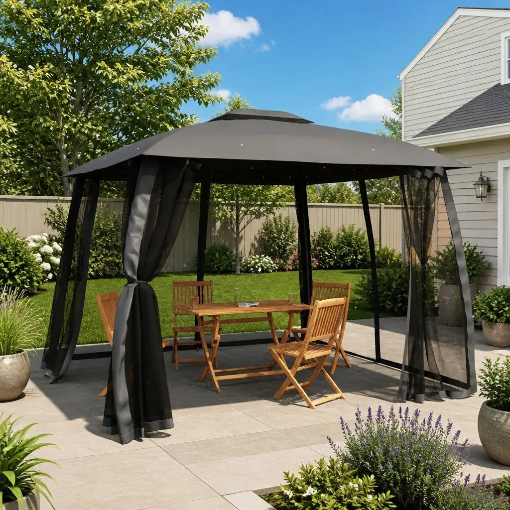 Gazebo Steel 2.93 x 2.93m Anthracite with Double Roof and Mesh Walls