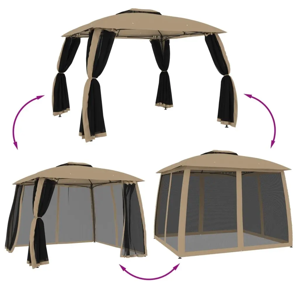 Gazebo Steel Frame 2.93m x 2.93m Taupe Double Roof with Mesh Walls Outdoor Canopy Tent Garden Patio Shelter