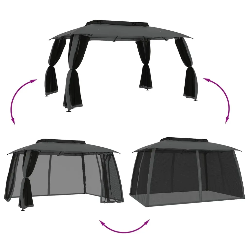 Gazebo Steel Frame 3.93x2.93m Anthracite with Double Roof and Mesh Walls